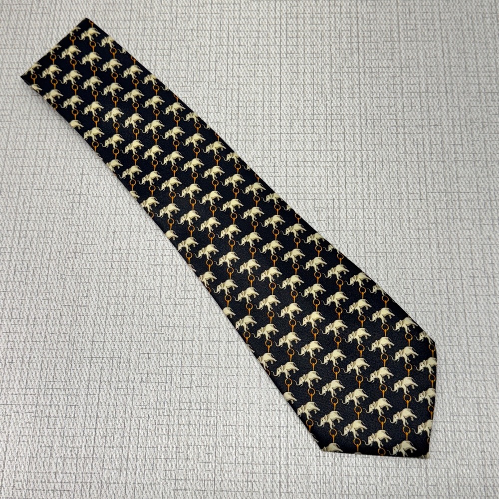 Rene Chagal Silk Tie Mens OS Navy Blue Elephant Chain Print Preppy Academia